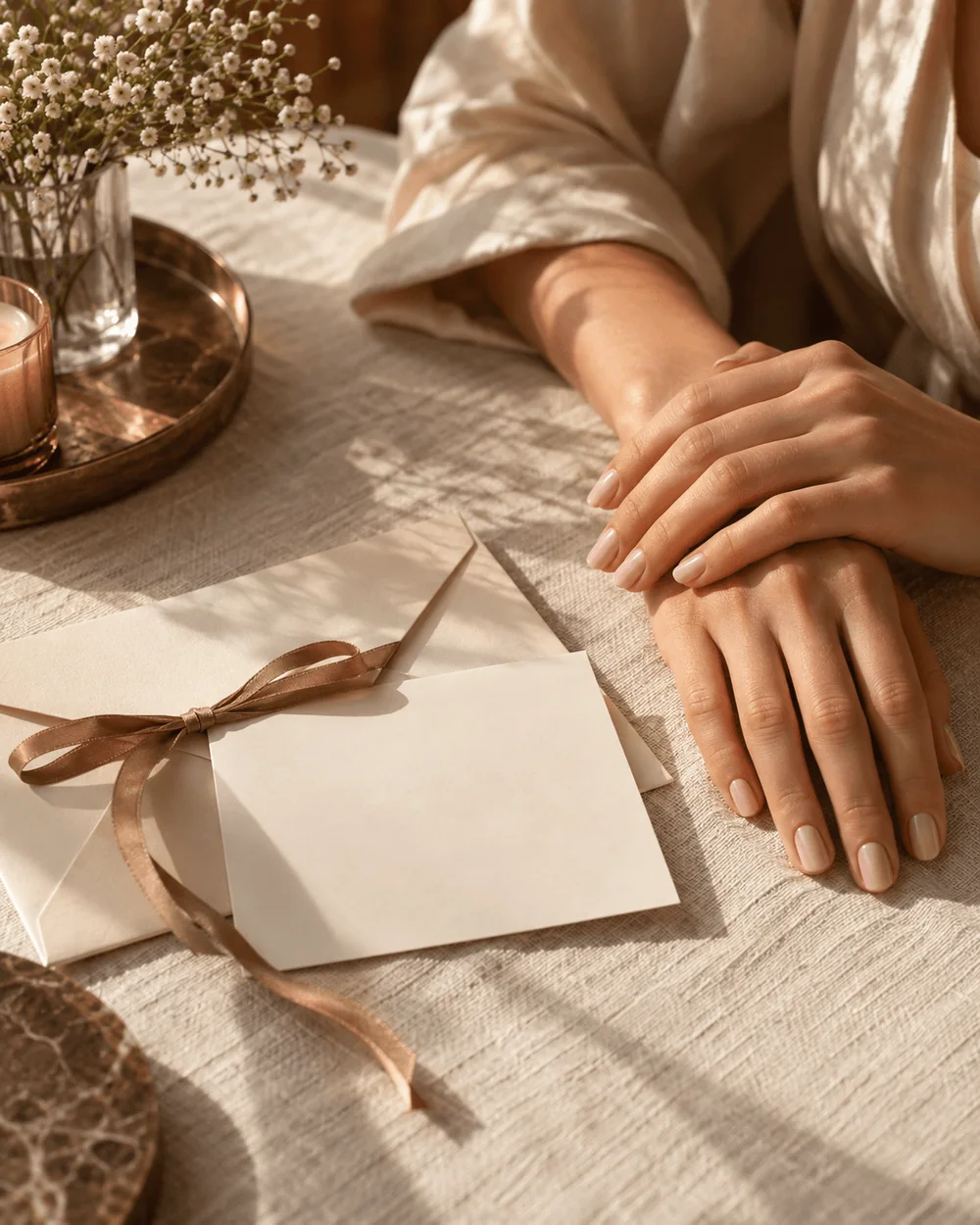 Illustrative beauty gift with a cream envelope, satin ribbon and manicured hands