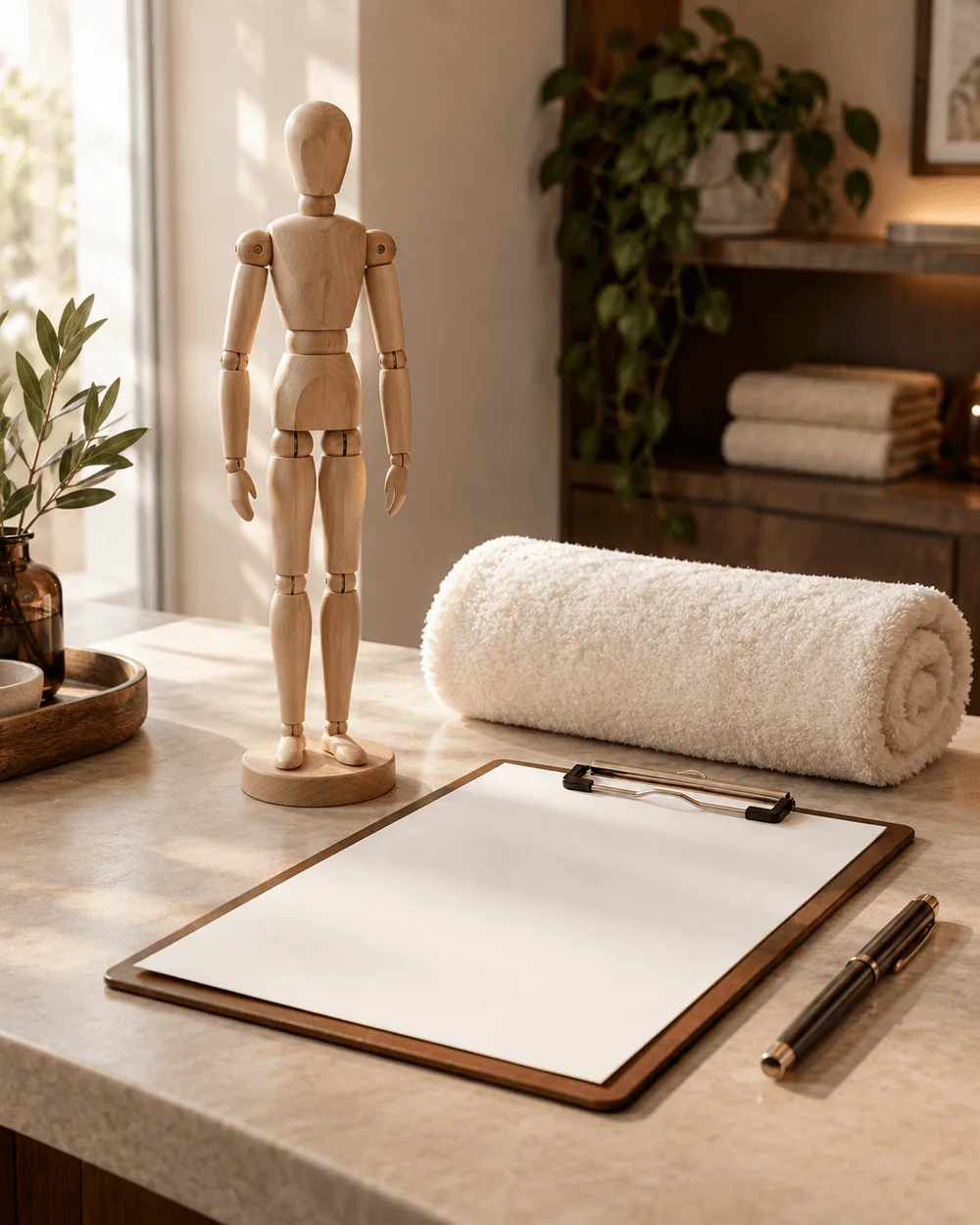 Illustrative body-care consultation setup with a wooden figure and clipboard