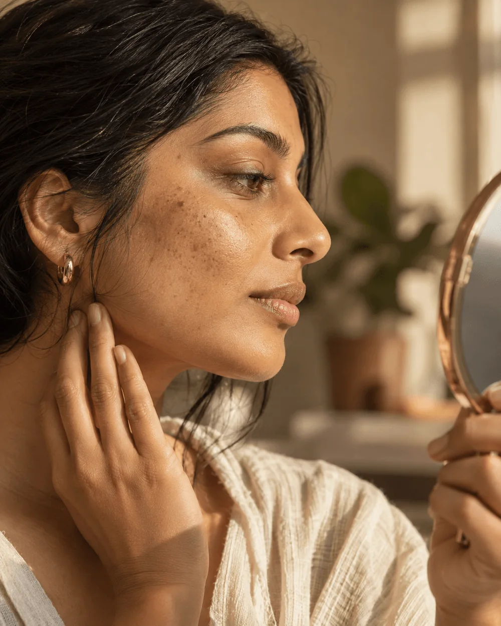 Illustrative close-up of naturally pigmented skin during a mirror check
