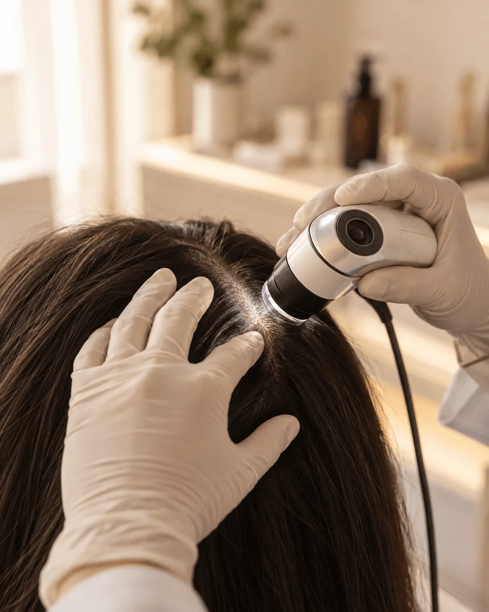 Illustrative hair and scalp examination with an inspection camera