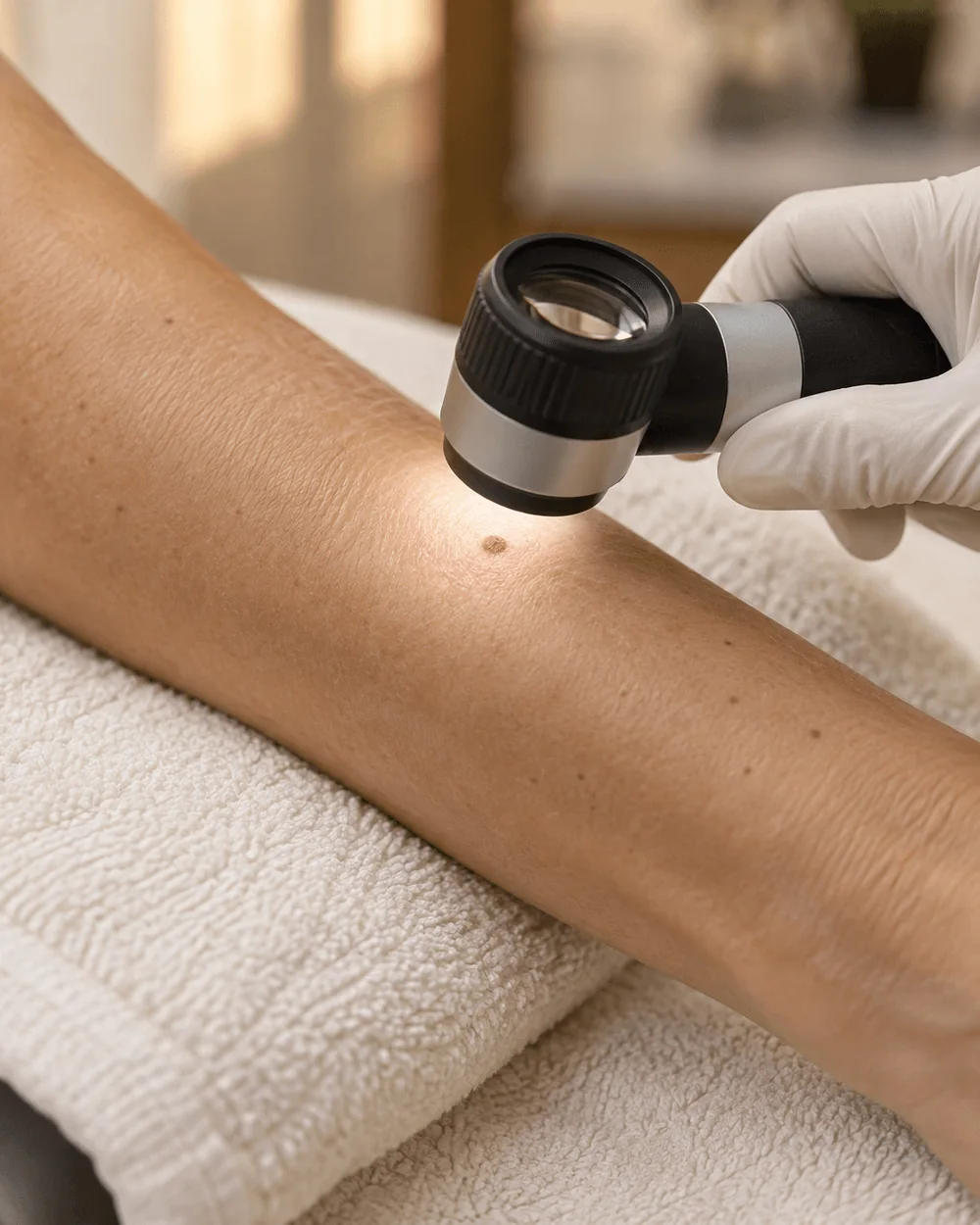 Illustrative examination of a skin mark with a dermatoscope